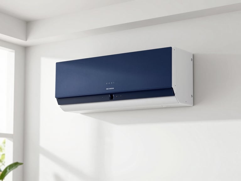 Sleek ductless mini-split unit mounted on a pristine wall in a modern living room, bright interior lighting, deep navy and crisp white tones.