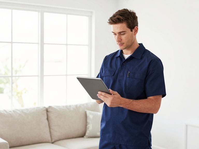 Medium shot of a clean, uniformed technician holding a modern branded tablet in a bright Orange County living room, presenting a digital document, high contrast 35mm.