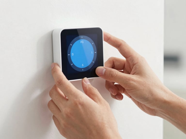 Close-up of clean hands adjusting a sleek smart thermostat on a white wall, bright natural lighting, modern tech-forward aesthetic