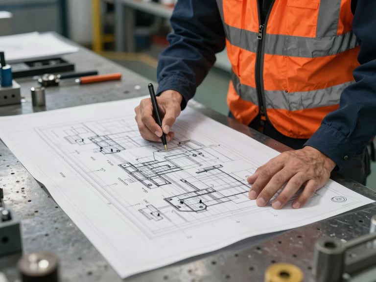 Technical blueprint laid out on a metal workbench in a factory, hands of engineers in safety gear reviewing diagrams, high-contrast cool tones