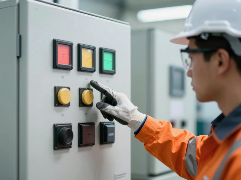 Close-up of an industrial safety engineer pointing at a machine control panel, wearing safety glasses and protective gloves, sharp natural light, safety orange accents
