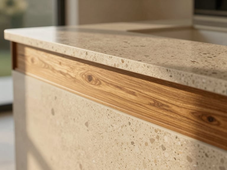 Close-up of natural materials in a luxury villa, polished terrazzo counter, warm teak wood accents, soft diffused morning light.