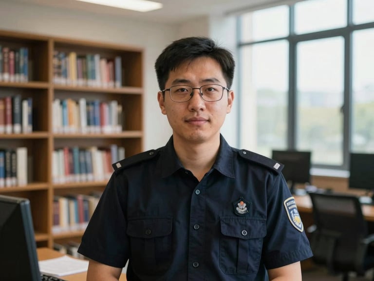 Focused portrait of a security researcher in a modern policy institute library, soft window light, deep navy tones, editorial documentary style