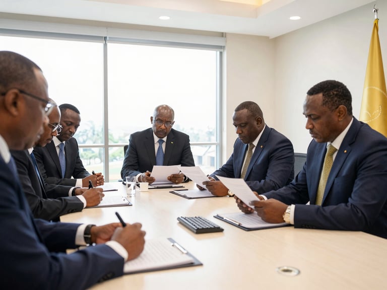 High-level bilateral meeting in a bright, high-ceilinged room in Addis Ababa, delegates focused on strategic planning documents