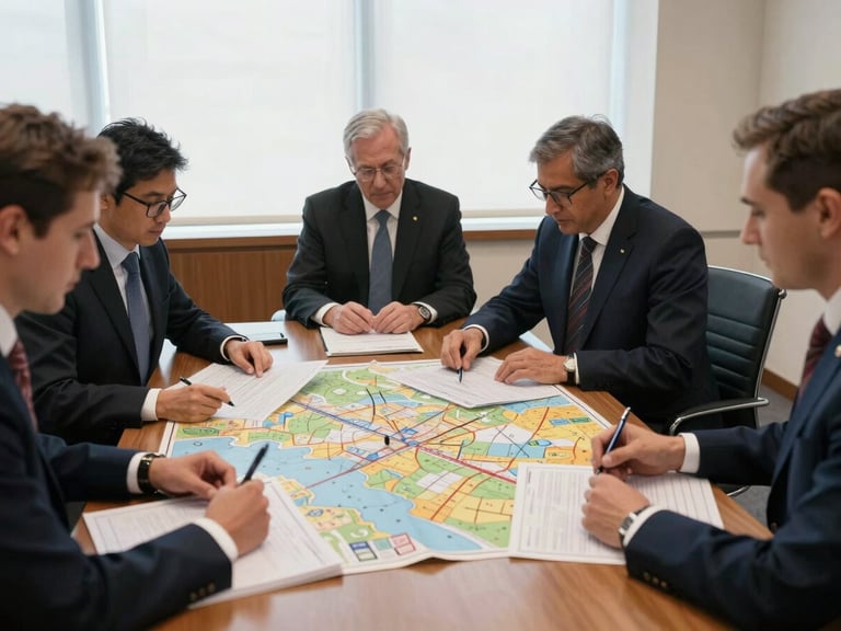 Wide-angle environmental shot of diplomatic delegates analyzing security maps on a wooden table, soft natural window light, editorial documentary style