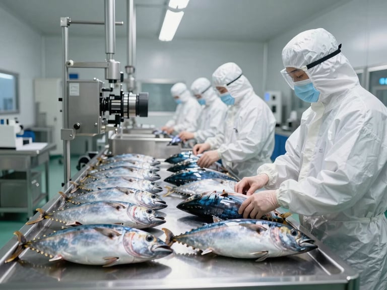 Wide angle of sterile stainless steel processing lines in Pasuruan, clean-room environment, workers in protective gear handling fresh tuna, cool clinical lighting.