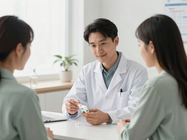 Pharmacist and patient in a warm, clean consultation area, discussing medication, gentle smiles, bright natural daylight, 50mm lens