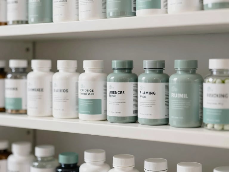 Organized display of authentic, clearly labeled supplement bottles on clean shelves, soft sage and slate tones, bright natural daylight, 50mm lens