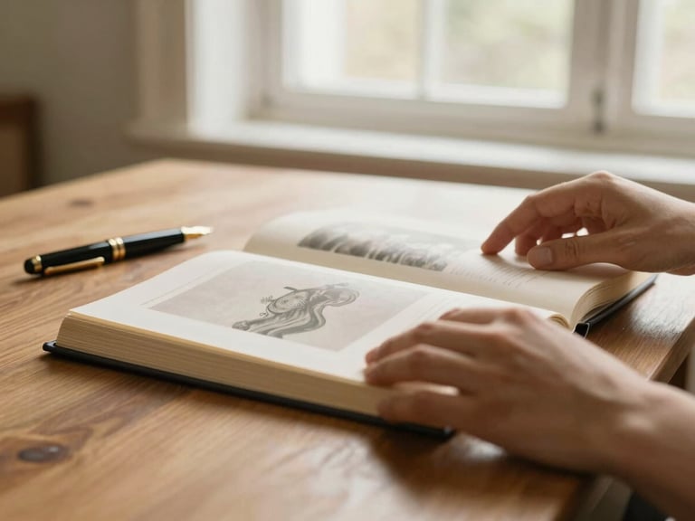 Close-up of hands turning the page of a heavy art book on a solid oak table, warm natural window light, elegant fountain pen resting nearby, shallow depth of field, 35mm