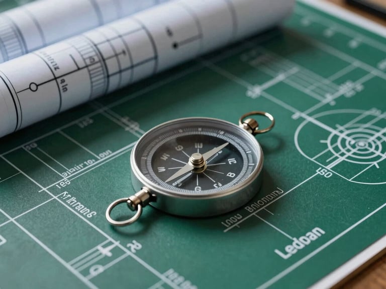 Detailed close-up of engineering blueprints and a compass, clean technical aesthetic, cool natural light, deep green and navy tones