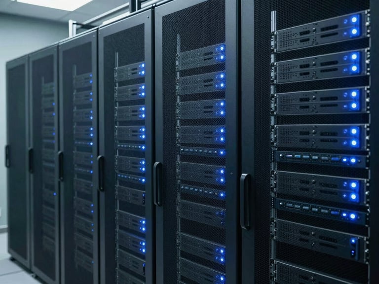 Modern, clean data center server racks with soft blue operational lights, showing efficiency and reliability, cool natural facility lighting