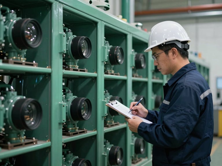An engineer inspecting a chiller unit in a facility, taking notes on a clipboard, cool natural facility lighting, 35mm lens