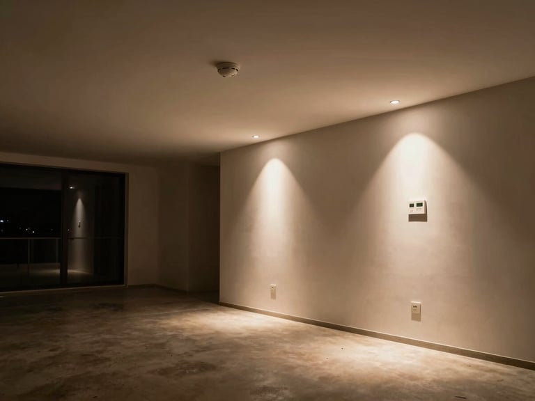 Environmental shot of a living room at night with ceiling-mounted motion sensor visible and dimmed recessed lights casting low warm pools on a concrete floor, thermostat panel glowing faintly on a side wall, overhead wide angle showing sensor placement relative to room geometry