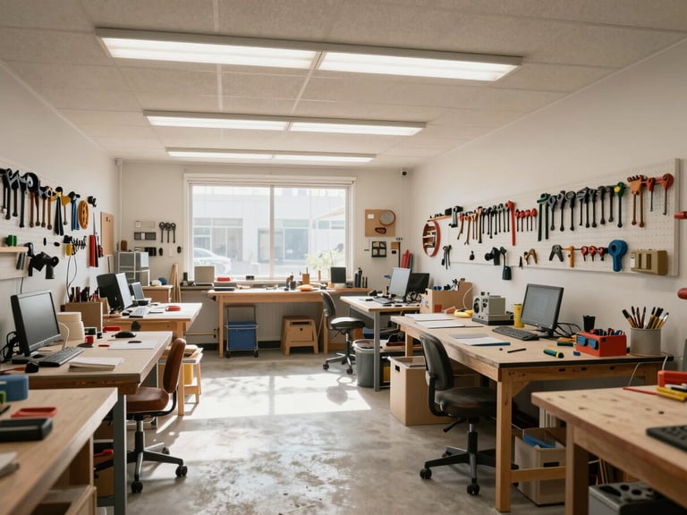 A wide, clean environmental shot of the bright Los Angeles workshop, high ceilings, natural light, tools organized neatly on walls.
