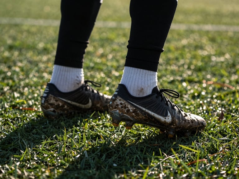 Tight close-up of muddy football boots on wet green turf during an intense training session, sharp evening floodlight casting long shadows