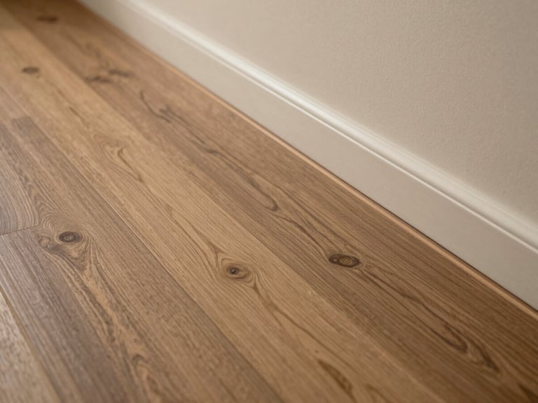 Close-up overhead shot of freshly laid laminate flooring in an Edinburgh hallway — tight straight joint lines, clean skirting board edge, warm indoor light, no gap visible between boards