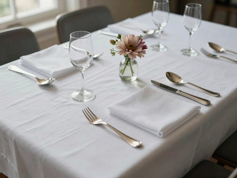 Wide environmental close-up of an elegantly set dining table from above — white linen, precise silverware, a single seasonal flower in a low bud vase, soft diffused daylight from a nearby window, no people visible