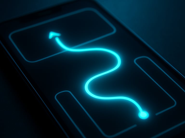 Macro close-up of a mobile game interface showing real-time physics rendering, glowing cyan trails on a dark screen, angled perspective