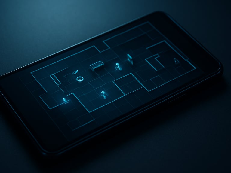 Sleek Android smartphone lying on a dark surface, screen glowing with a dark-mode tactical strategy game layout, sharp contrast
