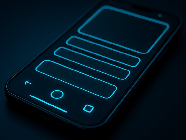 Macro perspective of a high-fidelity mobile interface glowing with cool neon cyan accents, angled perspective of a dark-mode Android device mockup, sleek digital photography