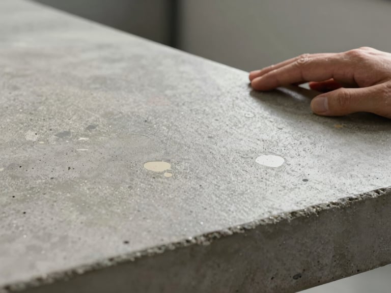 Close macro study of a polished concrete countertop surface under north-facing studio light, aggregate inclusions in cream and graphite visible beneath a matte sealer, a single hand resting at the edge to convey scale, shallow depth of field softening the background