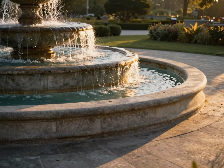 Wide environmental shot of a large cast-concrete water fountain at golden hour, tiered basin forms casting long shadows on a stone plaza, water catching warm amber light, surrounding garden softly out of focus, fountain occupying the left two-thirds of the frame