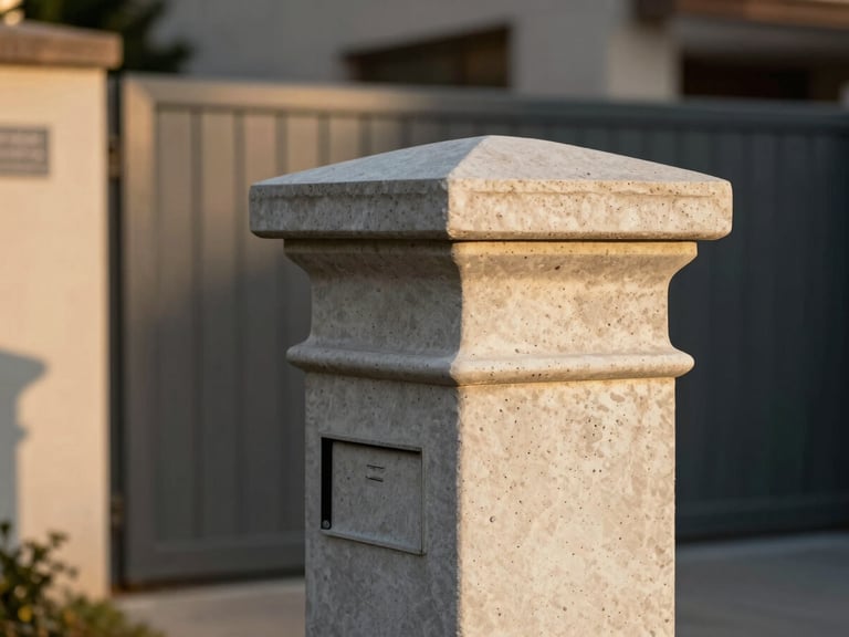 Tight architectural shot of a monolithic concrete mailbox post at golden hour, surface finish showing fine aggregate texture and a champagne patina, set against a blurred residential entry gate, raking sidelight emphasizing the mass and edge profile