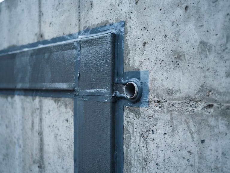 Detail shot of a precise waterproofing application on a concrete surface, clean technical lighting, cool blue tones, 35mm lens.