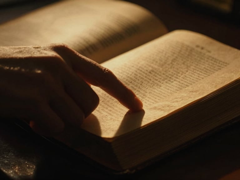 Extreme close-up of a hand turning a page of an ancient leather-bound book, warm golden spotlight catching the texture of the parchment, deep obsidian shadows, cinematic chiaroscuro, 35mm