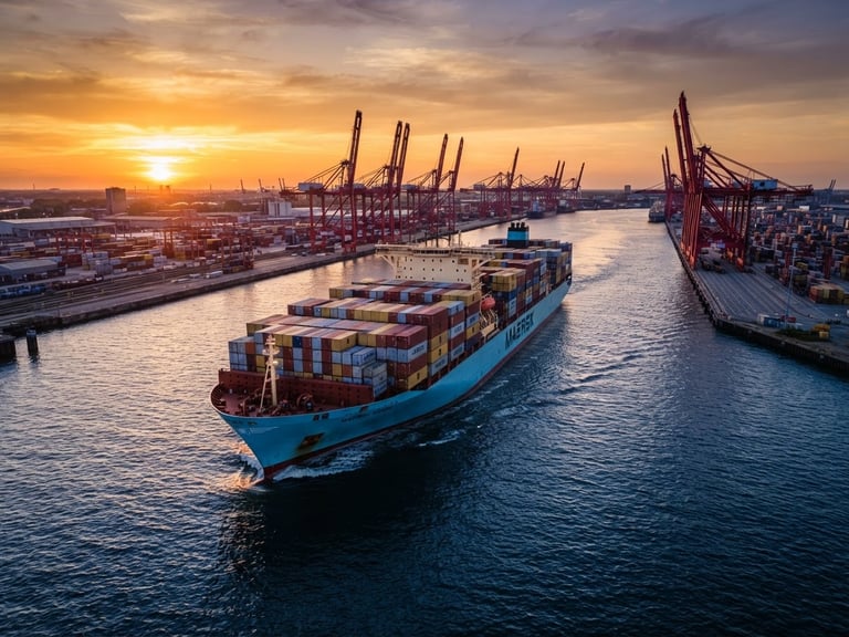 Wide-angle cinematic shot of a massive container ship entering a port at golden hour, deep blue water, towering red cranes in the background, sharp focus