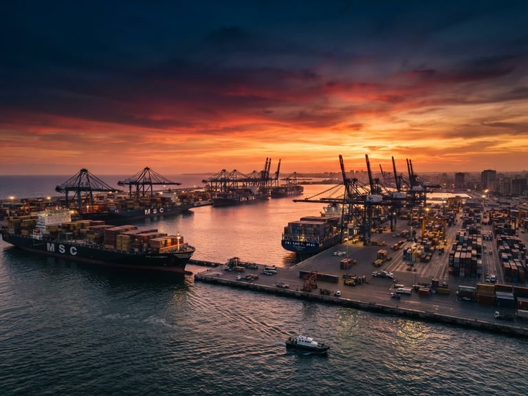 Wide-angle dramatic golden hour view of Alexandria port, massive container ships docked, cranes silhouetted against deep navy and crimson sky, sharp focus