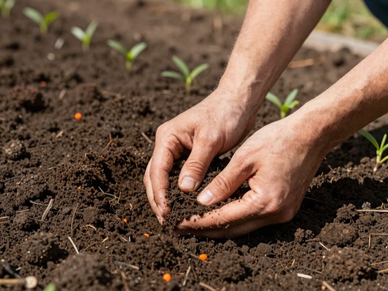 Hands sifting rich, dark soil, showing texture and quality, with small green shoots in the background, crisp outdoor photography, 35mm.