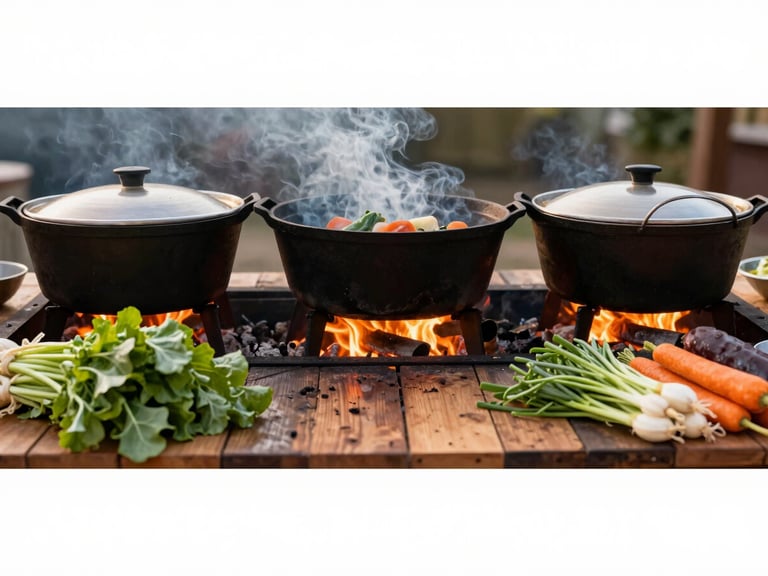 Panoramic shot of an open-fire cooking setup, large cast iron pots, fresh vegetables on a wooden table, warm evening light, smoke rising