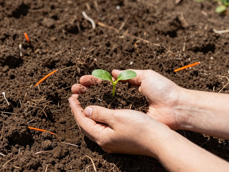Close-up of freshly tilled soil, hands holding a small green sprout, bright morning sun, rich earthy tones