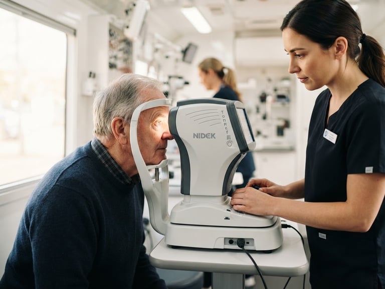 Clinical close-up of a modern optical autorefractor in a bright mobile clinic, a professional guiding a patient, soft warm lighting, 35mm lens.
