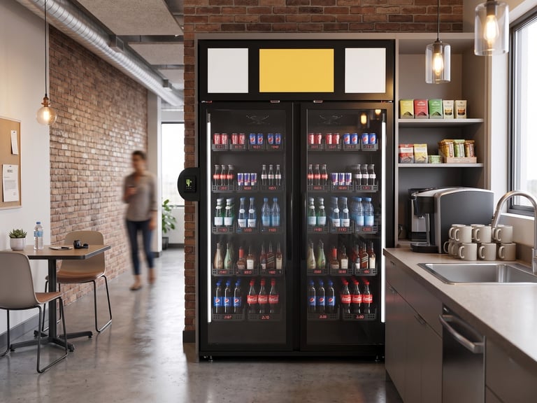 Moderns viedais ledusskapis biroja virtuvē ar stikla durvīm un iebūvētu norēķinu termināli.