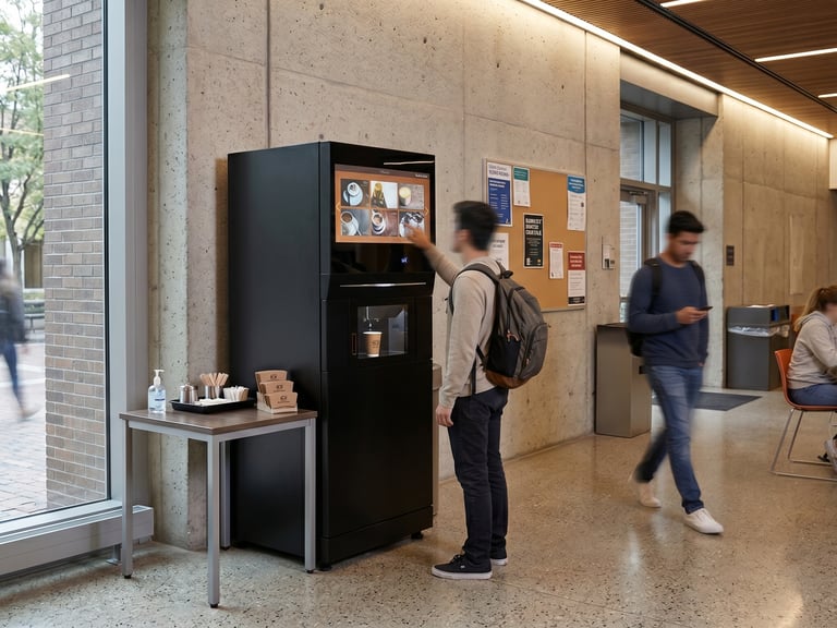 Profesionāls kafijas automāts modernā interjerā, kas piedāvā svaigi maltu kafiju pašapkalpošanās zonā.