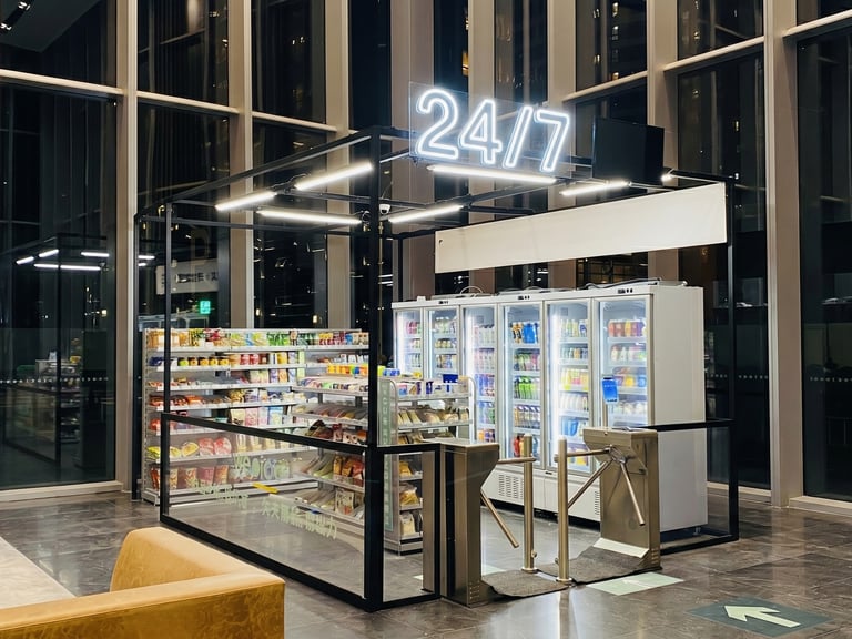 Pilnībā automatizēts mikroveikals ar "grab-and-go" AI tehnoloģiju un diennakts pieejamību.