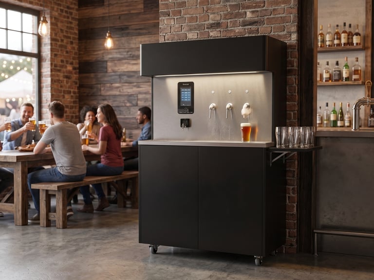 Automatizēta alus izliešanas sistēma ar iebūvētu ekrānu vecuma verifikācijai un bezkontakta maksājumiem.