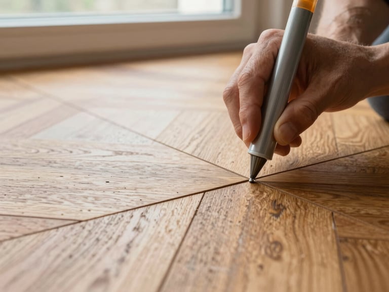 Artisan hands applying precise caulking to the gaps of an intricate wooden floor pattern, natural window light, macro texture shot.