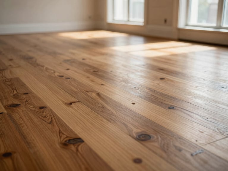 Sweeping low-angle shot of a finished empty room with a beautifully restored matte hardwood floor, warm sunlight streaming through large windows.