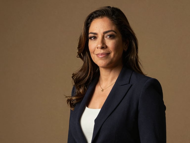 A professional, respectful portrait of Jessica Herrera, a Latina leader in her late 30s, warm side-lighting, authentic editorial look