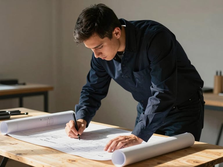 A professional mentor in a navy shirt guiding a young adult over a construction blueprint on a wooden work table, natural side light, high contrast