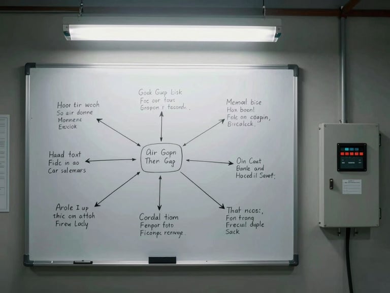 Wide environmental shot of an air-gap network diagram drawn in marker on a whiteboard inside a secure windowless facility, overhead cold fluorescent light, physical isolation switch panel mounted on the wall to the right, no people present