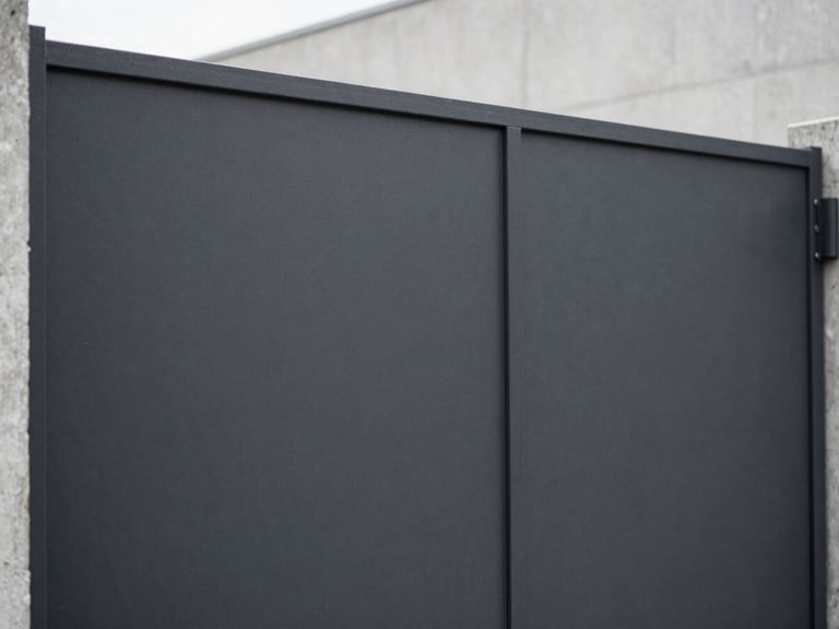 Close-up of a dark charcoal textured steel surface on a modern gate, clean orthogonal lines, soft daylight, desaturated industrial tones, 35mm lens
