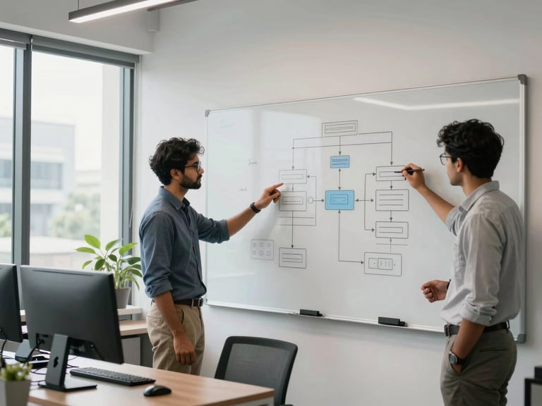 A modern, bright office interior in Bangalore with software engineers collaborating over whiteboards showing system architecture diagrams, cool daylight