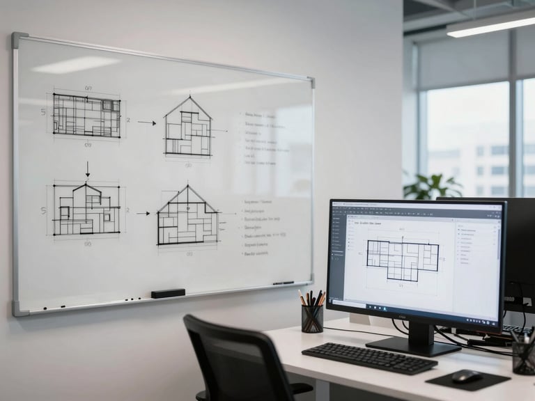 A clean, modern software office in Philadelphia with whiteboard diagrams, daylighting, and screens displaying architectural schemas.