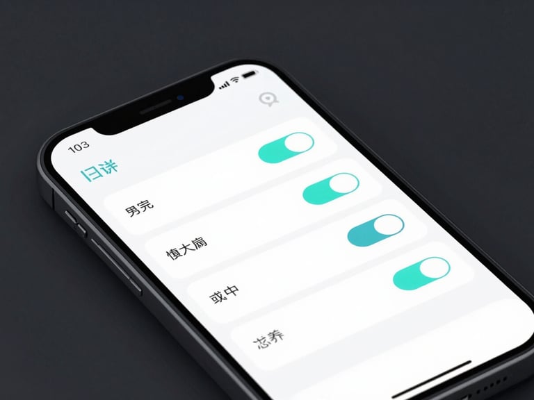 Angled close-up of a modern mobile device screen showing clean vector UI mockups of gesture settings with toggle switches, glowing cyan accents on deep charcoal background.