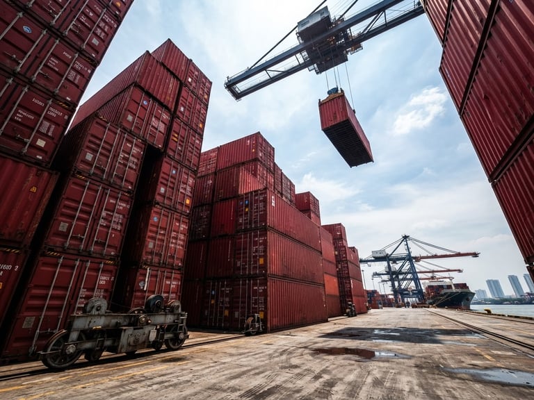 Low-angle heroic shot of massive red shipping containers stacked at Tanjung Priok terminal under high-contrast daylight, sharp industrial photography