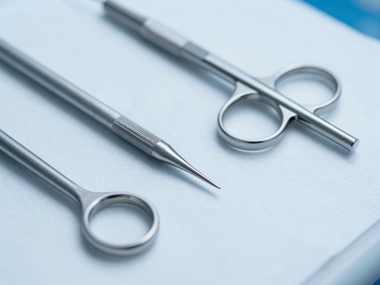 Macro flat-lay of matte-finish titanium dental instruments on a sterile white surface, sharp clinical lighting, subtle blue-toned backlighting.